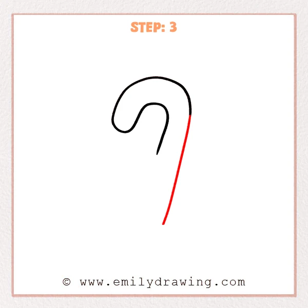 how to draw a candy cane - The candy cane hook with a long outer line extending downward, forming the cane’s length.